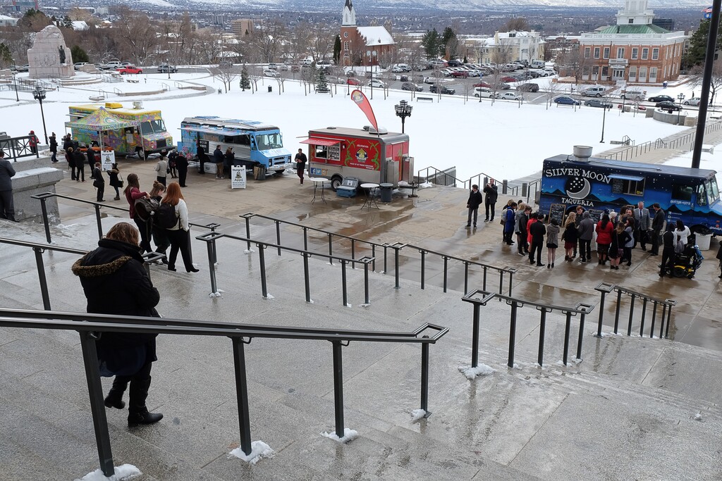 Francisco Kjolseth | The Salt Lake TribuneFood trucks on the Hill on Friday, Feb. 24, 2017, bring attention to SB250 sponsored by Sen. Deidre Henderson, R-Spanish Fork, that helps reduce red tape for food trucks.
