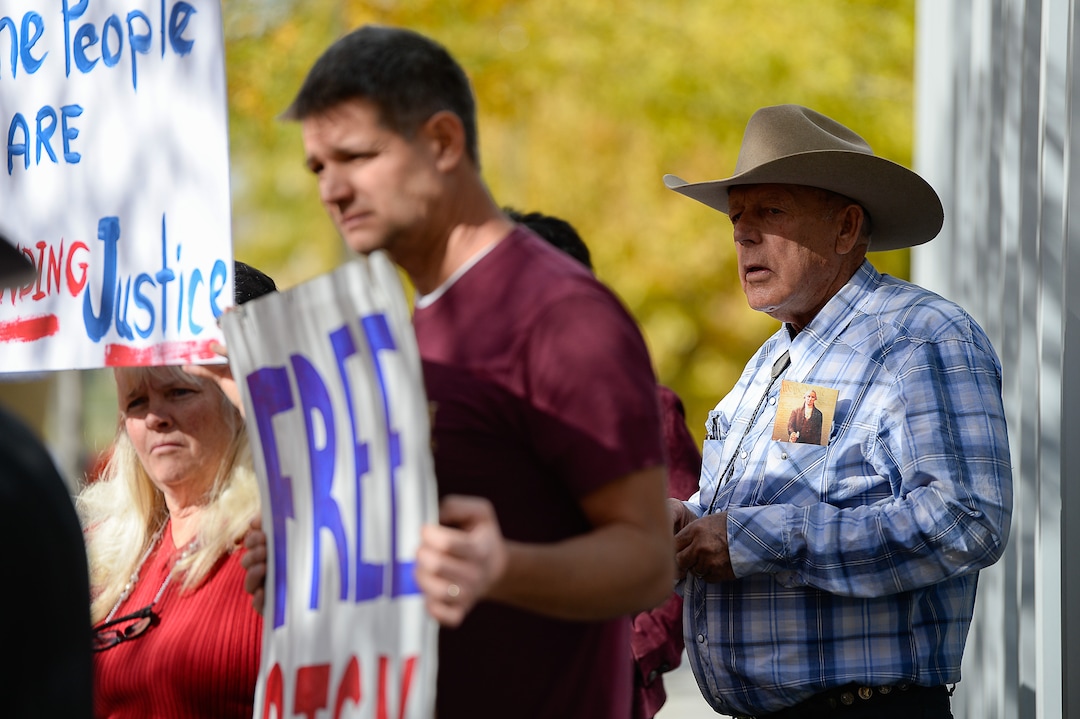 (Francisco Kjolseth  |  The Salt Lake Tribune)  Cliven Bundy, right, joins other supporters of convicted fraudster Rick Koerber as they gather ahead of his court sentencing in Salt Lake City at the Federal Courthouse on Tuesday, Oct. 15, 2019, ending a nearly two decade white collar crime saga.
