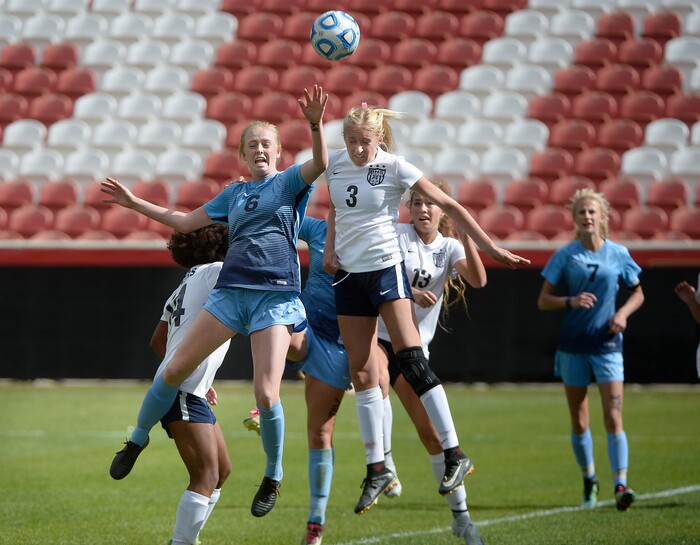 (Scott Sommerdorf | The Salt Lake Tribune)
Sky View's Sidney Barlow battles Haley Price for the ball during second half play. Sky View defeated Bonneville 2-0 to win the 4A title game, Saturday, October 21, 2017.