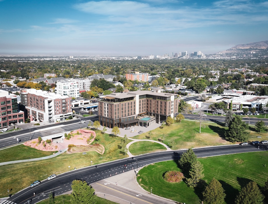 (Magnum Hotel Management via Salt Lake City) A rendering shows plans for a seven-story hotel next to Sugar House Park.