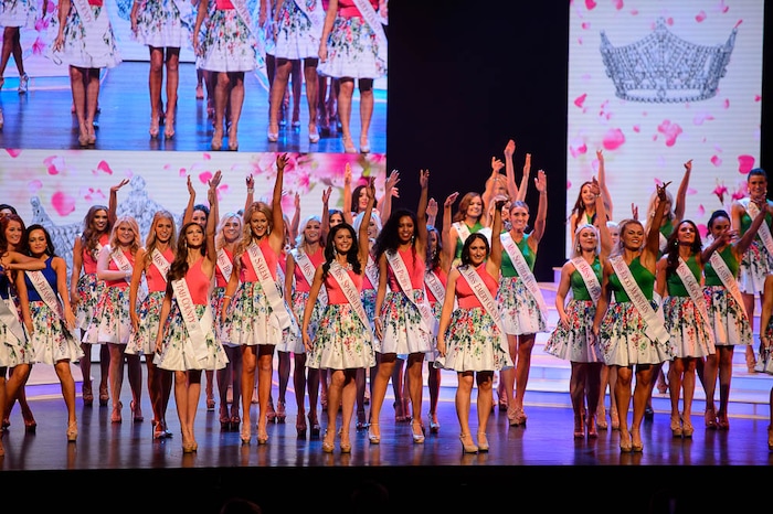 (Trent Nelson | The Salt Lake Tribune)
Contestants perform in the opening number at the Miss Utah pageant in Salt Lake City, Wednesday June 13, 2018.