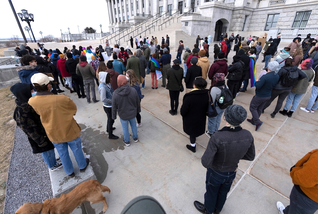 (Rick Egan | The Salt Lake Tribune)  More than 200 people gather on at the Capitol for a rally, speaking out against Rep. Kera Birkeland's transgender sports bill, on Friday, Feb. 25, 2022.