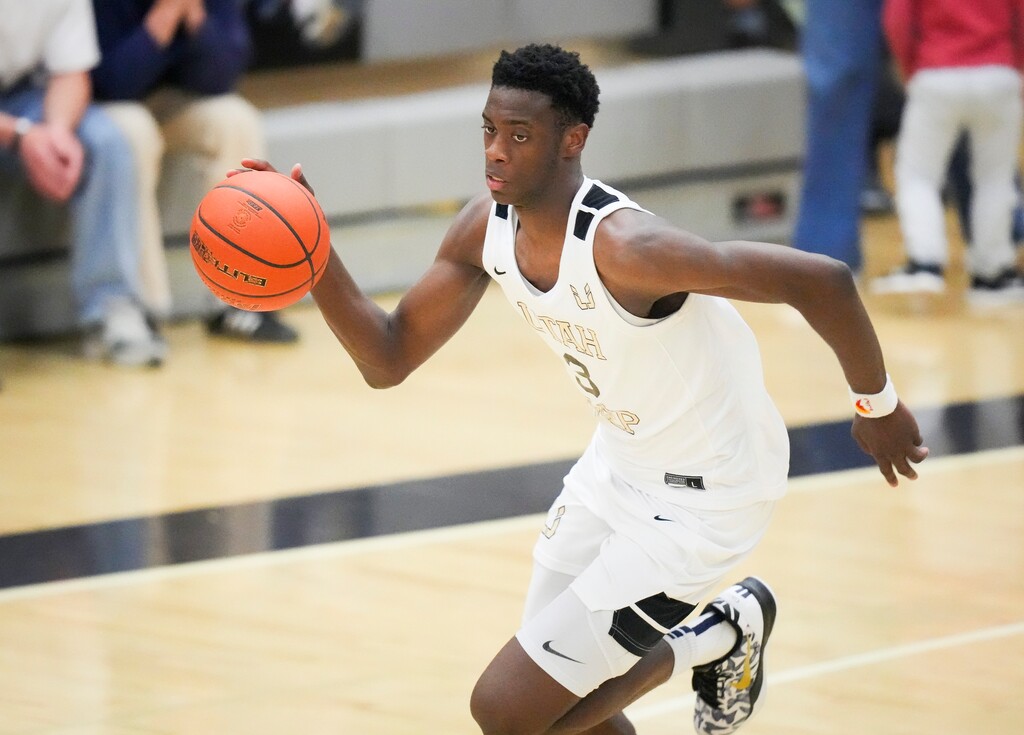 (Bethany Baker  |  The Salt Lake Tribune) Utah Prep's AJ Dybantsa (3) brings the ball down the court during the Grind Session Semifinals at Highland High School in Salt Lake City on Saturday, March 15, 2025.