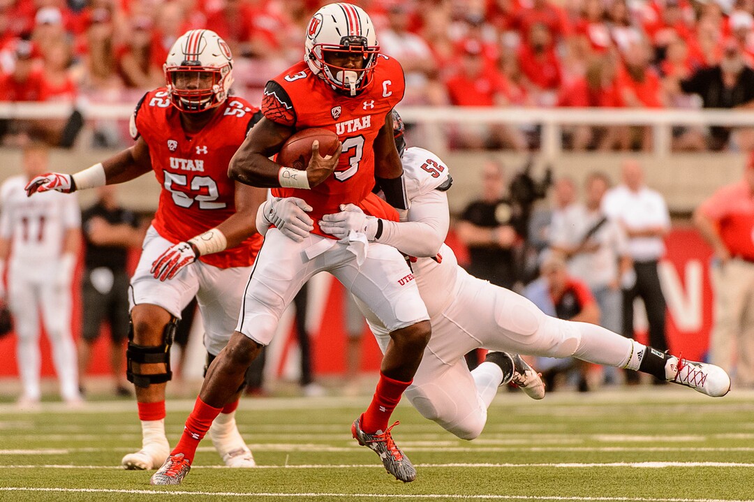 Trent Nelson  |  The Salt Lake TribuneSouthern Utah Thunderbirds defensive lineman Pj Nu'usa (52) sacks Utah Utes quarterback Troy Williams (3) as the University of Utah Utes host the Southern Utah University Thunderbirds, NCAA football at Rice-Eccles Stadium in Salt Lake City, Thursday September 1, 2016.