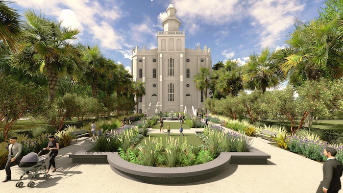 (Courtesy of The Church of Jesus Christ of Latter-day Saints) This rendering shows the east plaza of the St. George Temple.
