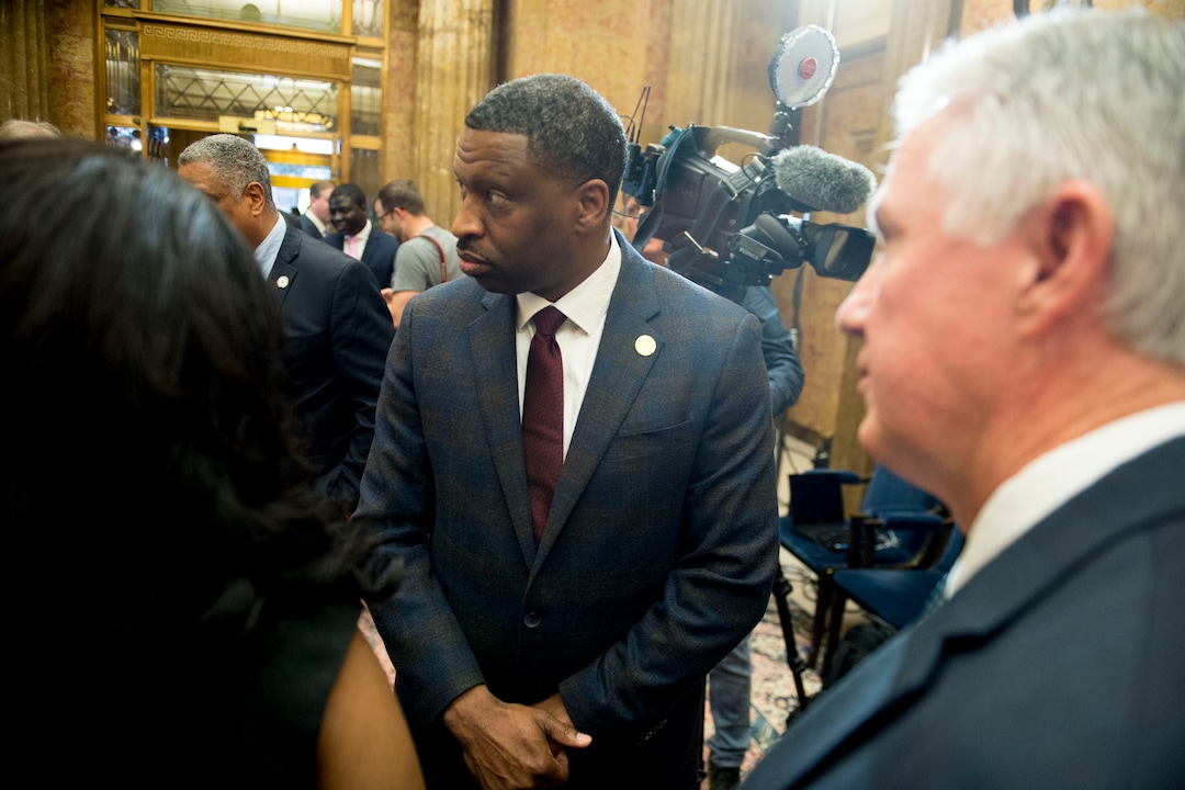 (Jeremy Harmon  |  The Salt Lake Tribune) Derrick Johnson, President and CEO of the NAACP, makes the rounds with various media outlets after speaking at an event on May 17, 2018, where LDS and NAACP leaders emphasized a need for greater civility and called for an end to prejudice.