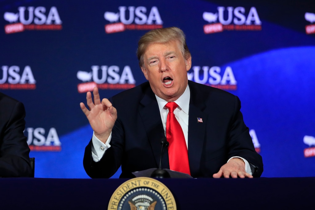 In this May 5, 2018 photo, President Donald Trump speaks during a roundtable discussion on tax reform at Cleveland Public Auditorium and Conference Center in Cleveland, Ohio. Trump says he will announce his decision on whether to keep the U.S. in the Iran nuclear deal on Tuesday.   (AP Photo/Manuel Balce Ceneta)