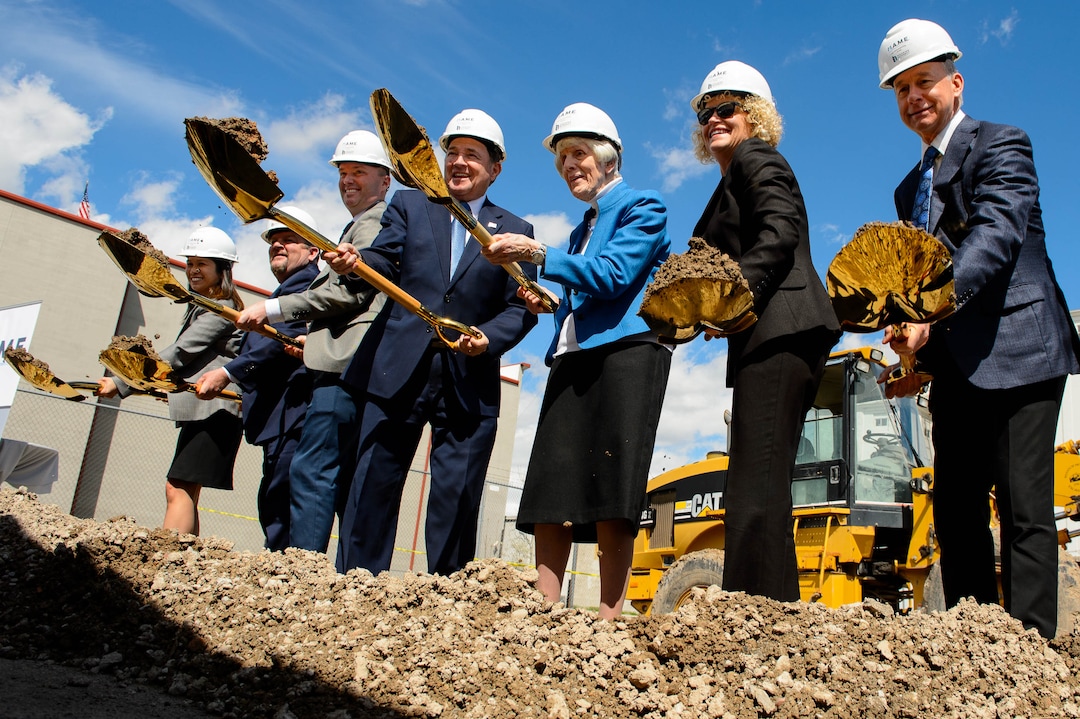 (Trent Nelson  |  The Salt Lake Tribune)  The groundbreaking ceremony for Pamela's Place Apartments in Salt Lake City on Wednesday April 17, 2019. The development, named after Pamela Atkinson, a Utah-based humanitarian and advocate for people experiencing homelessness, will serve as a 100-unit permanent supportive housing complex by combining affordable housing assistance with voluntary support services to address the needs of chronically homeless people. From left are Evelyn Lim, Daniel Nackerman, Spencer Cox, Gary Herbert, Pamela Atkinson, Jackie Biskupski, and Grant Whitaker.