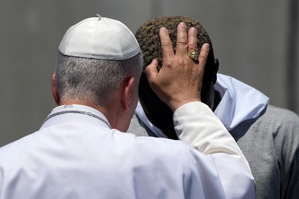 (Alessandra Tarantino | AP) Pope Leo XIV blesses a migrant during a meeting with organizations working with migrants in Arguineguin at the Canary Islands, Spain, Thursday, June 11, 2026.