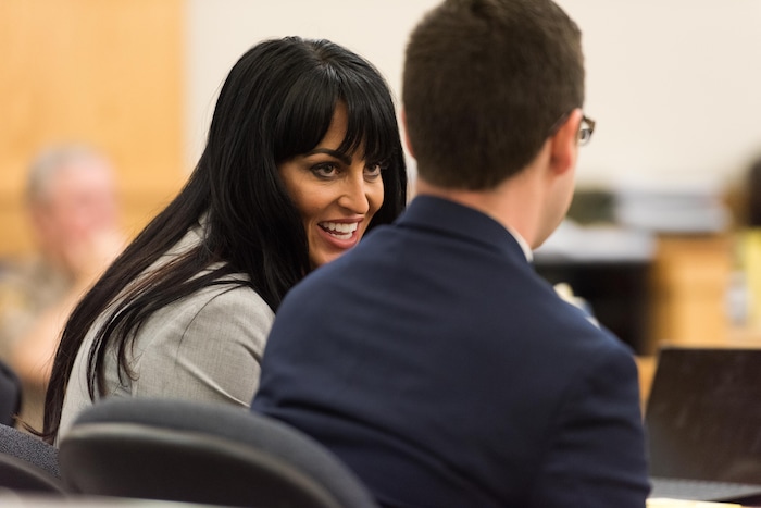 Torrey Green's attorney Skye Lazaro speaks with County Prosecutor Spencer Walsh in the First District court Thursday Ñ the second day of Green's preliminary hearing. Green is charged with six counts of rape, one count of aggravated kidnapping, three counts of forcible sex abuse and two counts of object rape. (Chantelle McCall/Utah Statesman)