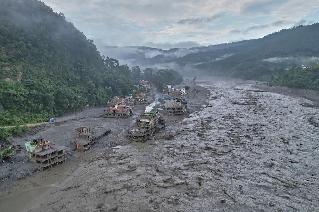 (Rajesh Kumar Singh | AP) A drone view of the aftermath of flash flooding along the Trishuli river amidst fresh water surge warning in the Trishuli Bazaar area of Nuwakot district, Nepal, Sunday, Aug. 30, 2026.
