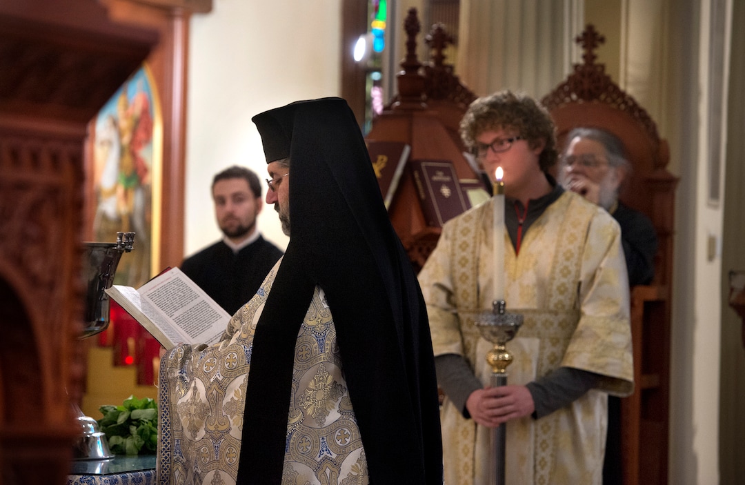 (Scott Sommerdorf   |  The Salt Lake Tribune)   The Very Rev. Archimandrite George Nikas leads the Epiphany service (also called Theophany in Orthodox), at Holy Trinity Cathedral, Saturday, January 6, 2018.