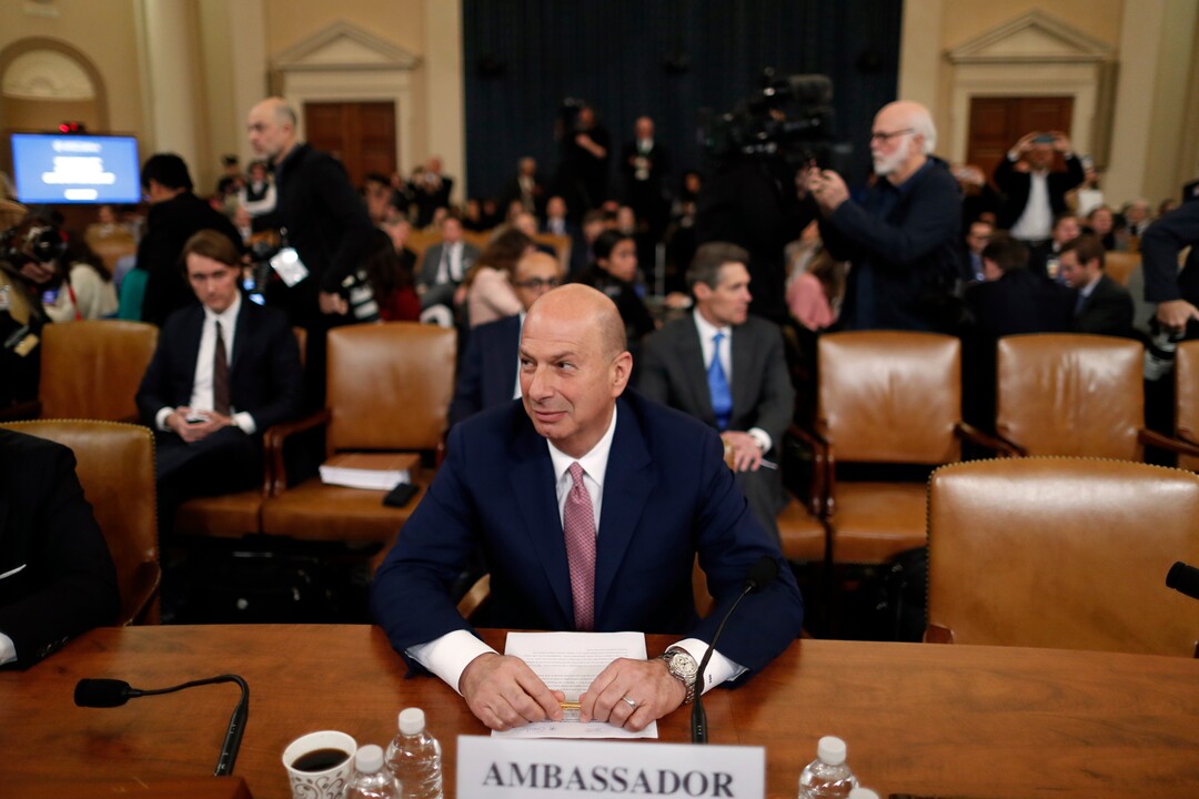(Andrew Harnik  |  AP photo) U.S. Ambassador to the European Union Gordon Sondland arrives to testify before the House Intelligence Committee on Capitol Hill in Washington, Wednesday, Nov. 20, 2019, during a public impeachment hearing of President Donald Trump's efforts to tie U.S. aid for Ukraine to investigations of his political opponents. 
