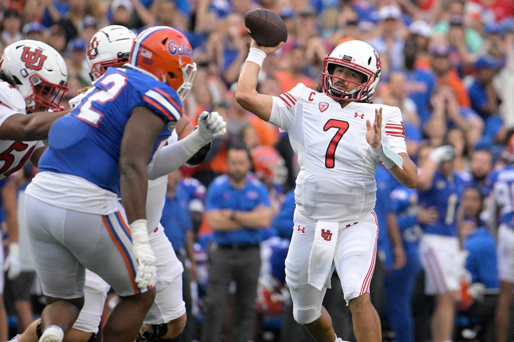 (Phelan M. Ebenhack | AP) Utah quarterback Cameron Rising (7) throws a pass during the first half of the team's NCAA college football game against Florida, Saturday, Sept. 3, 2022, in Gainesville, Fla.