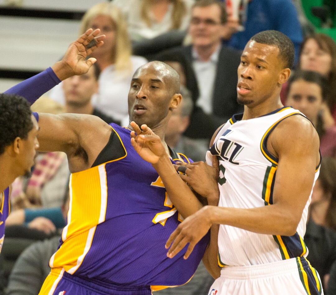 Rick Egan  |  The Salt Lake TribuneLos Angeles Lakers forward Kobe Bryant (24) gets tangled up with Utah Jazz guard Rodney Hood (5), while playing his last basketball game in Utah, as the Utah Jazz beat the the Los Angeles Lakers 123-75, in Salt Lake City, Monday, March 28, 2016.