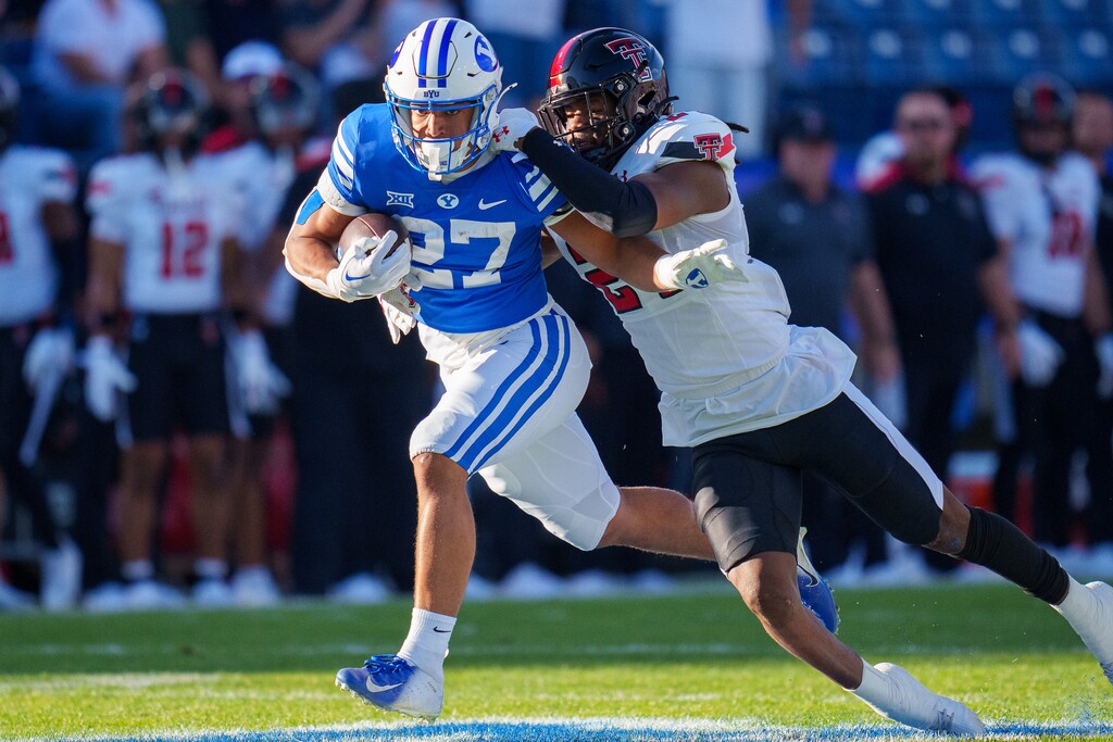 (Trent Nelson  |  The Salt Lake Tribune) Brigham Young Cougars running back LJ Martin (27) as BYU hosts Texas Tech, NCAA football in Provo on Saturday, Oct. 21, 2023.