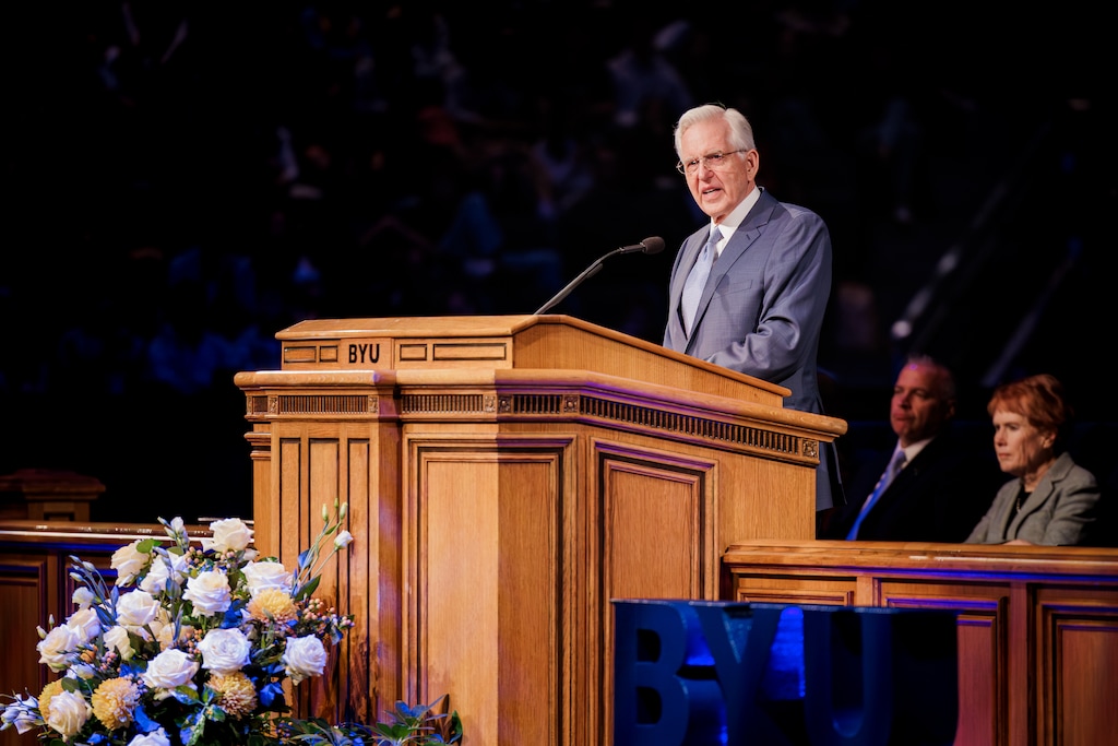 (Olivia Taylor | BYU Photo) President D. Todd Christofferson encourages Latter-day Saints to think about Christ during the holidays in a devotional at the Marriott Center in Provo on Tuesday, Dec. 2, 2025.