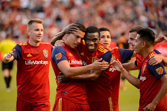(Trent Nelson | The Salt Lake Tribune)  
Real Salt Lake players celebrate a goal by midfielder Luis Silva (20, second from left) in a match vs. Houston Dynamo, MLS Soccer at Rio Tinto Stadium in Sandy, Utah, Wednesday May 30, 2018.