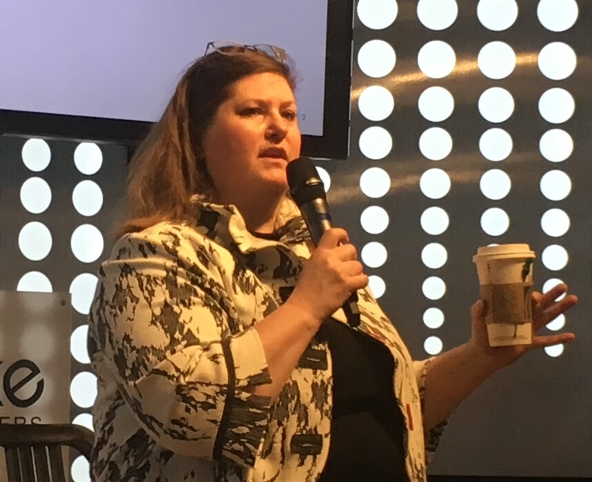 (Sean P. Means  |  The Salt Lake Tribune) Jennifer Carlson, executive director of the training program Apprenti, makes a pitch at Silicon Slopes' offices in Lehi on Wednesday, May 29, 2019, at the launch of the new Silicon Slopes Apprenti program.