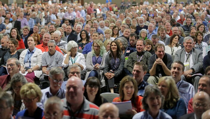 FILE - In this May 20, 2017, file photo, people attend the Utah GOP Convention in Sandy, Utah. Utah's Republican Party is pressing on with a legal battle that's divided the state GOP and will argue before a Denver-based appeals court Monday, Sept. 25, 2017, that a state candidate nominating law violates its rights. (AP Photo/Rick Bowmer, File)