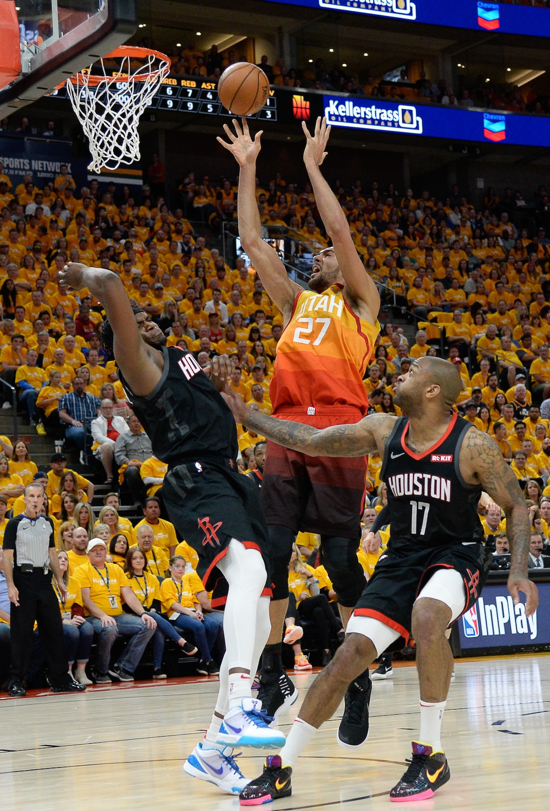 (Francisco Kjolseth  |  The Salt Lake Tribune)  Utah Jazz center Rudy Gobert (27) rises over the Rockets in Game 3 of a first-round NBA basketball playoff series in Salt Lake City, Saturday, April 20, 2019.