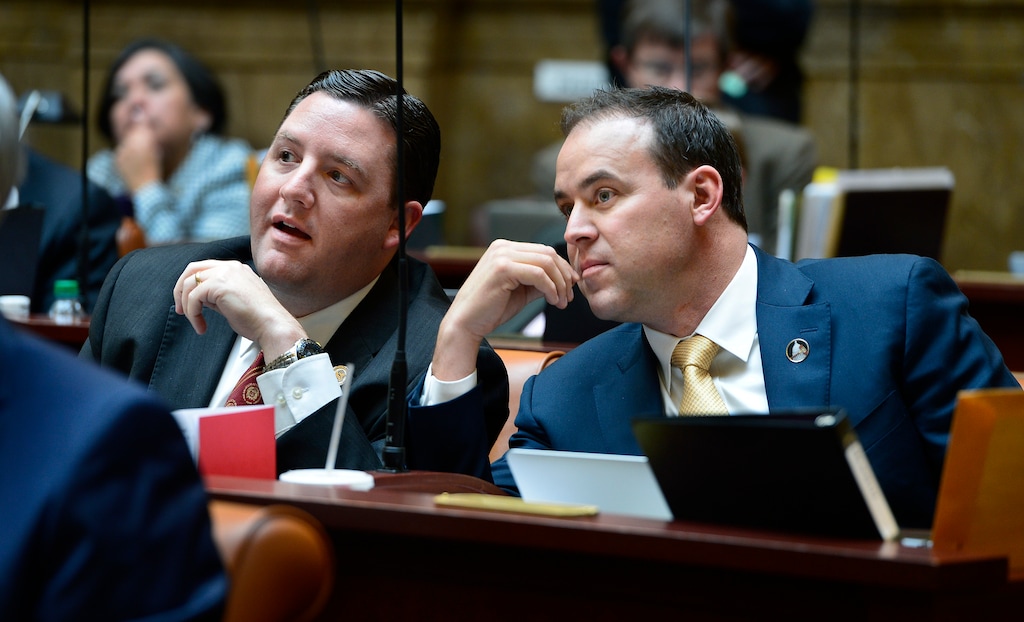 Scott Sommerdorf   |  The Salt Lake TribuneRep. Robert Spendlove, R-Sandy, left, and Rep. Mike Schultz, R-Hooper, right, in the Utah House of Representatives, Wednesday, January 28, 2015. 