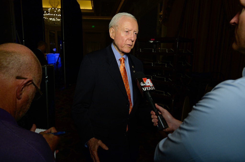 (Francisco Kjolseth  |  The Salt Lake Tribune)  Utah Senator Orrin Hatch answers questions about the phone call he had just taken from President Donald Trump telling him he would approve a recommendation to trim the boundaries of the Bears Ears National Monument on Friday, Oct. 27, 2017.