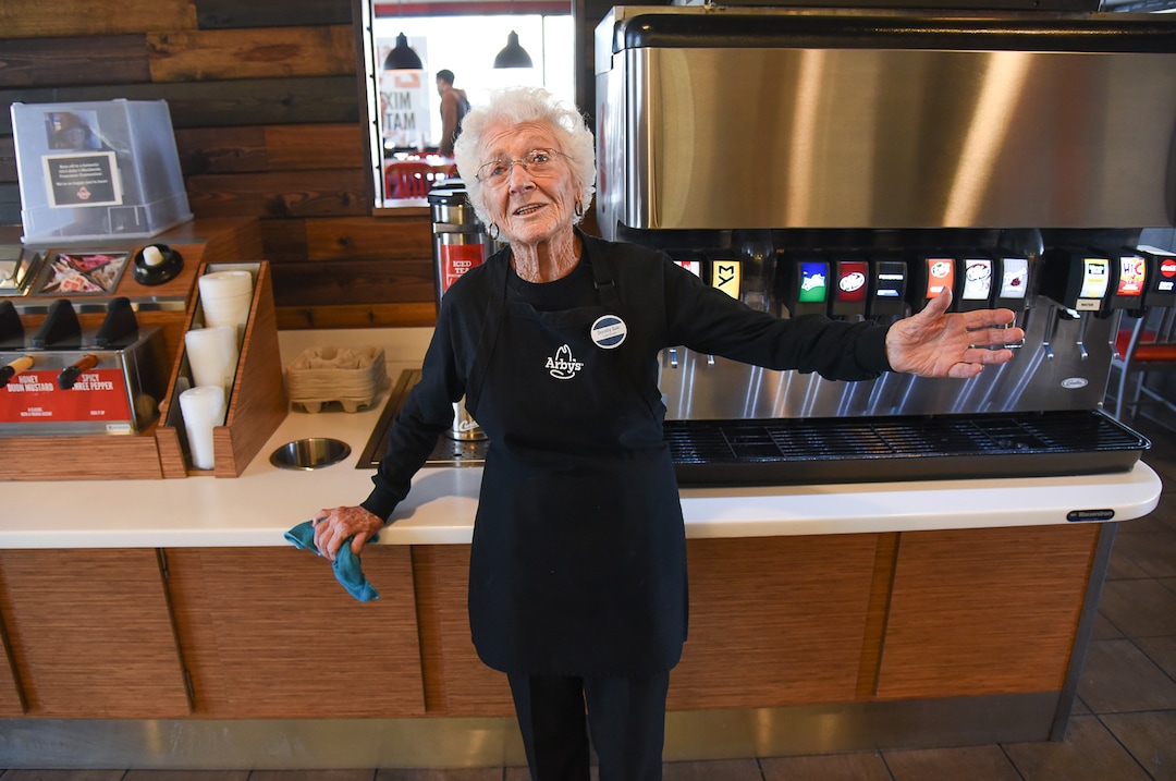 (Francisco Kjolseth  |  The Salt Lake Tribune)  After 25 years at Arby's, 94-year-old Dorothy Bale has no plans to retire from the job she started when she was 69. Pausing from her duties at the end of her shift, Bale reflects on a time when she had to vacuum carpets, two renovations, working under 21 different managers and friends who have died.
