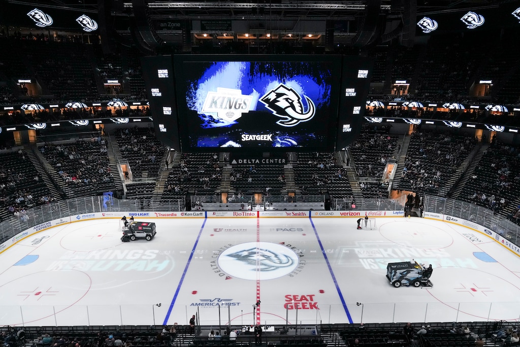 (Bethany Baker  |  The Salt Lake Tribune) Zambonis are seen on the ice between periods during a preseason game for the Utah Mammoth at Delta Center in Salt Lake City on Thursday, Oct. 2, 2025.