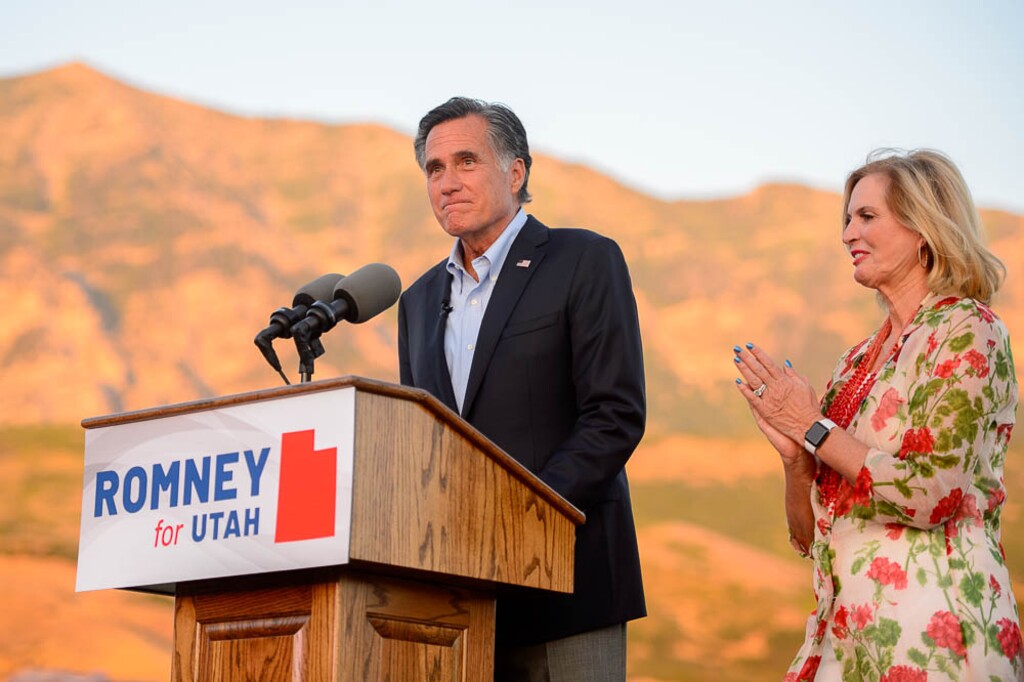 (Trent Nelson | The Salt Lake Tribune)Mitt Romney speaks in Orem after winning the Republican primary for U.S. Senate, Tuesday June 26, 2018. Ann Romney at right.