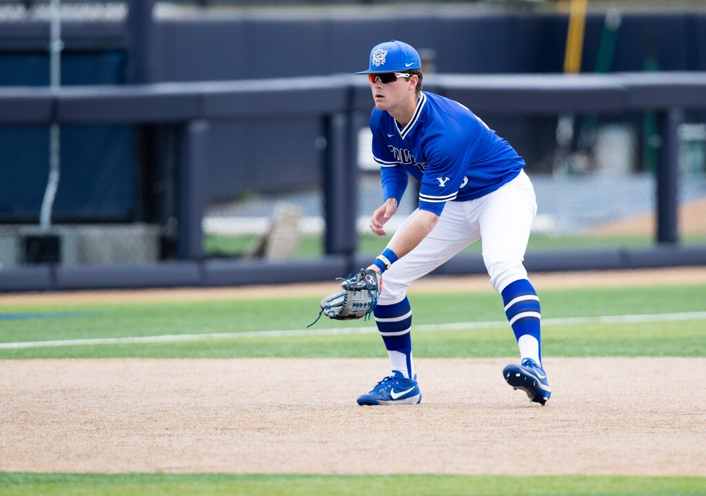 (Tyler Richardson | BYU Athletics) Austin Deming gets in position to make a play against Saint Mary's, March 30, 2019.