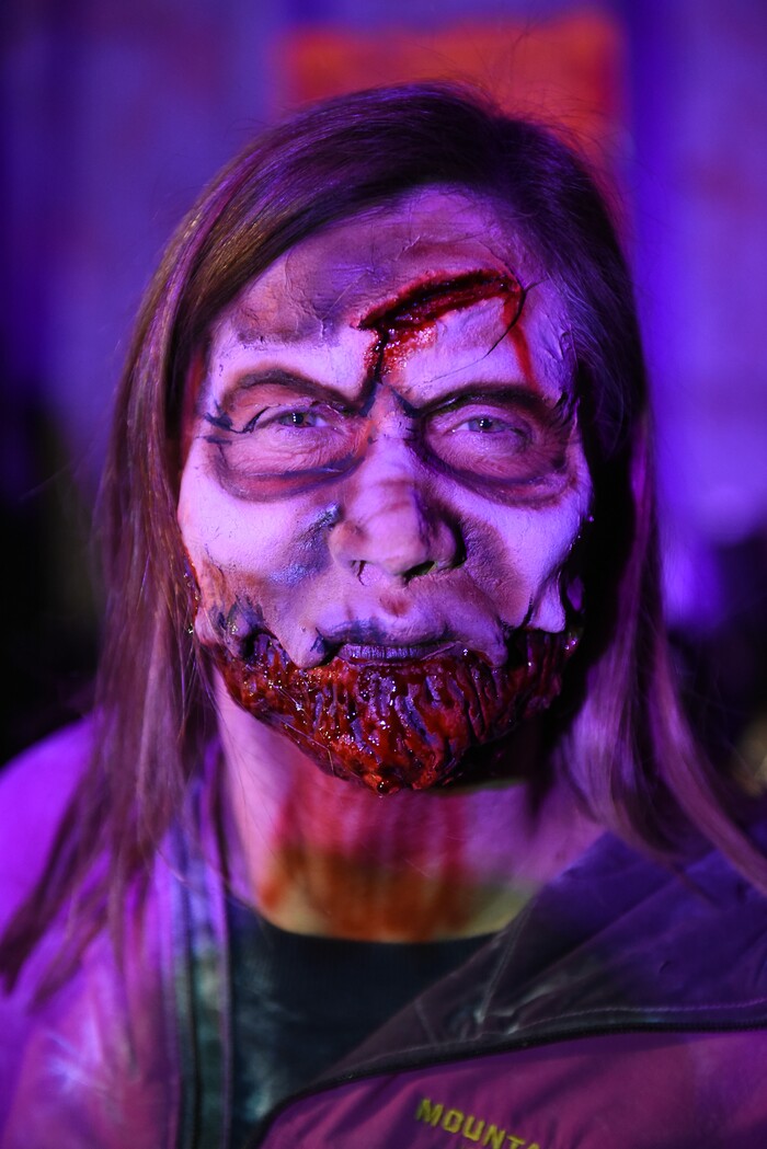 (Francisco Kjolseth  |  The Salt Lake Tribune)  Salt Lake County Councilmember Jenny Wilson is transformed by makeup artist Chelsea Harbert as local politicians fall prey to the zombie apocalypse at the Fear Factory on Thursday, Oct. 12, 2017, for a special event to raise awareness of the Utah Food Bank and kick start donations. 