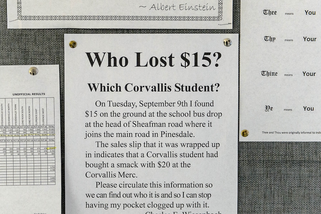 (Trent Nelson | The Salt Lake Tribune)  A flier attempts to unite lost money with its owner, at Pines Academy in Pinesdale, Mont.