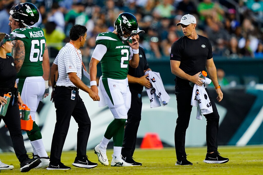 (Matt Rourke | AP) New York Jets' Zach Wilson is taken off the field after an injury during the first half of a preseason NFL football game against the Philadelphia Eagles on Friday, Aug. 12, 2022, in Philadelphia. (