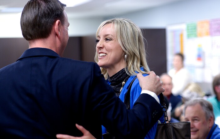 (Leah Hogsten  |  The Salt Lake Tribune)  Utah House of Representatives District 30 incumbent candidate Mike Winder is congratulated by his sister and Salt Lake County Council chair Aimee Winder Newton at the Salt Lake County Republican Party Organizing Convention at Cottonwood High School, Saturday, April 14, 2018.