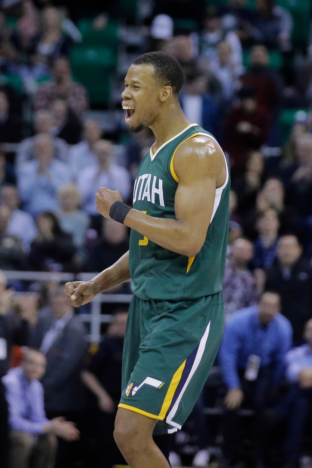 Utah Jazz guard Rodney Hood reacts after a Jazz score during the second half in an NBA basketball game against the New Orleans Pelicans Monday, March 6, 2017, in Salt Lake City. The jazz won 88-83. (AP Photo/Rick Bowmer)