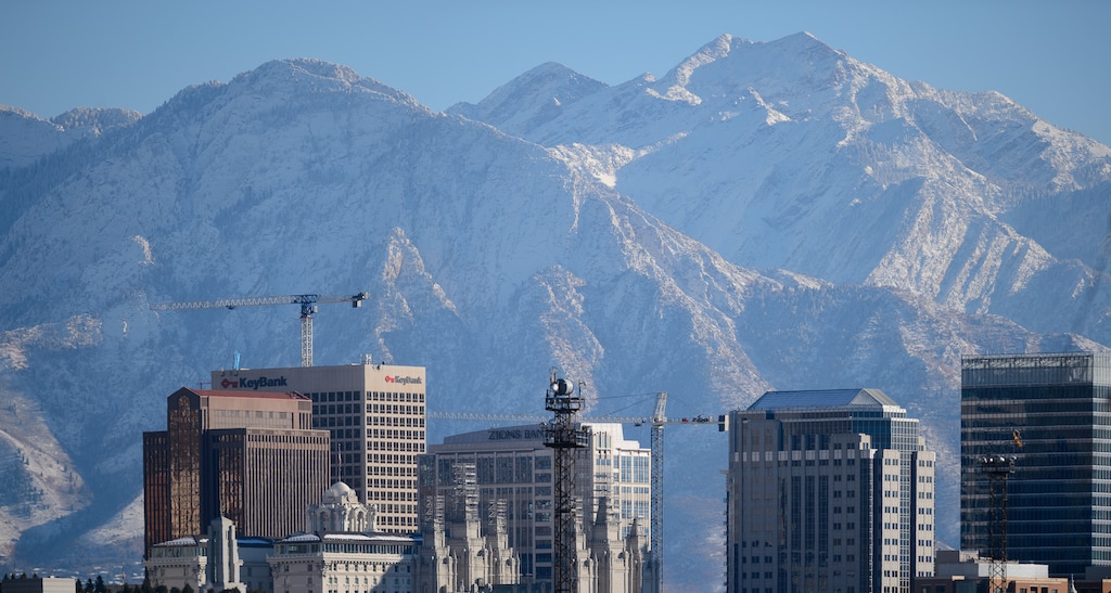 (Trent Nelson | Tribune file photo) The downtown Salt Lake City skyline and mountains on Thursday, Nov. 12, 2020. Downtown is looking to rebound from COVID-19 this year.
