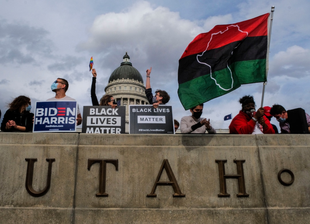 (Leah Hogsten  |  The Salt Lake Tribune) As news broke of former Vice President Joe Biden earning enough Electoral College votes to secure the presidency Saturday, Trump protesters took to the Capitol to denounce the win and Biden supporters celebrated.