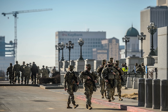 (Trent Nelson | The Salt Lake Tribune) National Guard troops at the state Capitol in Salt Lake City on Sunday, Jan. 17, 2021.