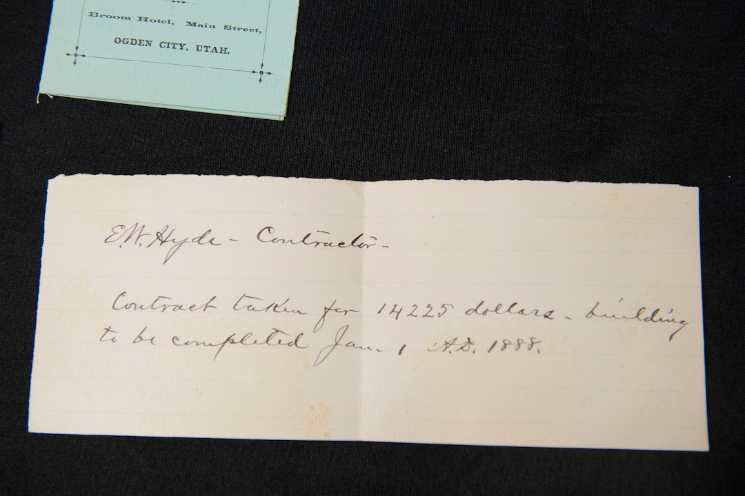 (Jeremy Harmon  |  The Salt Lake Tribune) This note from E.W. Hyde was found inside a time capsule that was buried in the corner stone of Ogden Academy on September 27, 1887. The note says his company was paid $14,225 for his work on the school. Items from the time capsule were displayed at the Utah State Archives on Wednesday, Oct. 16, 2019.