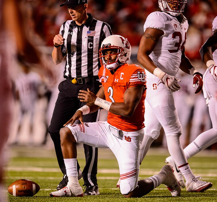 (Trent Nelson | The Salt Lake Tribune)  Utah Utes quarterback Troy Williams (3) gets up after a third down sack as the University of Utah hosts Stanford, NCAA football at Rice-Eccles Stadium in Salt Lake City Saturday October 7, 2017.