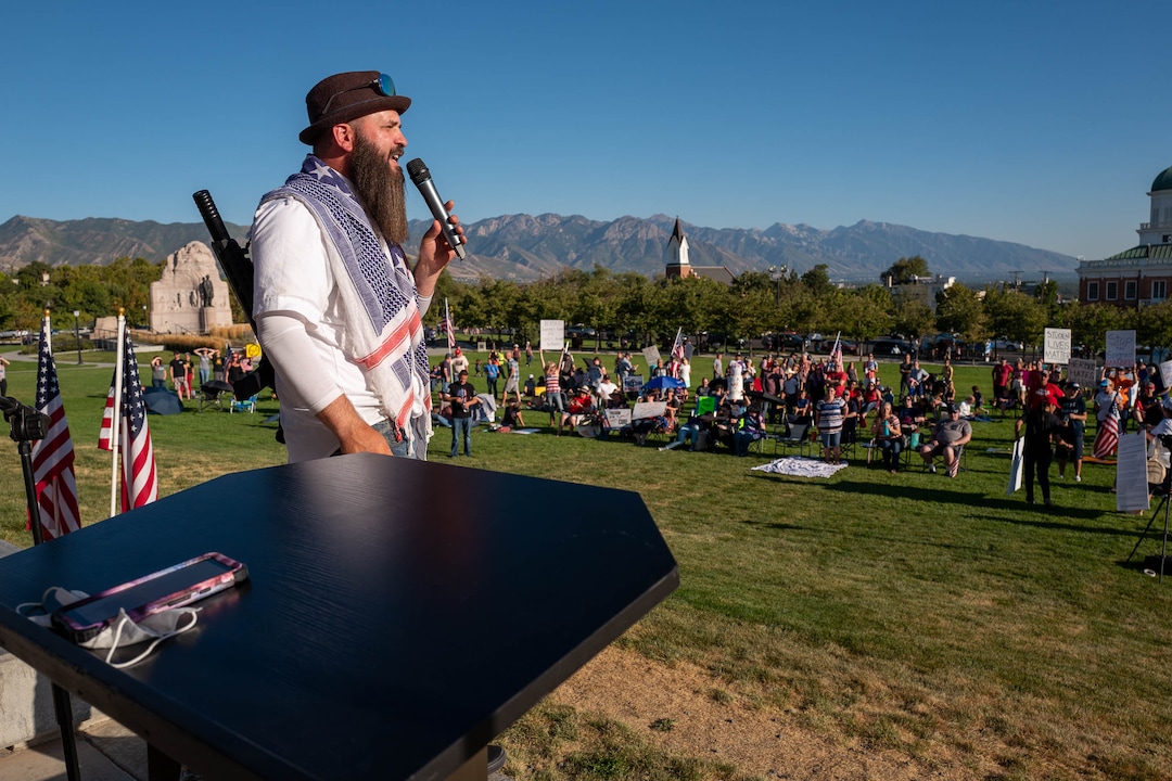 (Trent Nelson  |  The Salt Lake Tribune) Jacob IsBell, emcee, at a rally protesting government mask mandates at the State Capitol in Salt Lake City on Saturday, Sept. 5, 2020.
