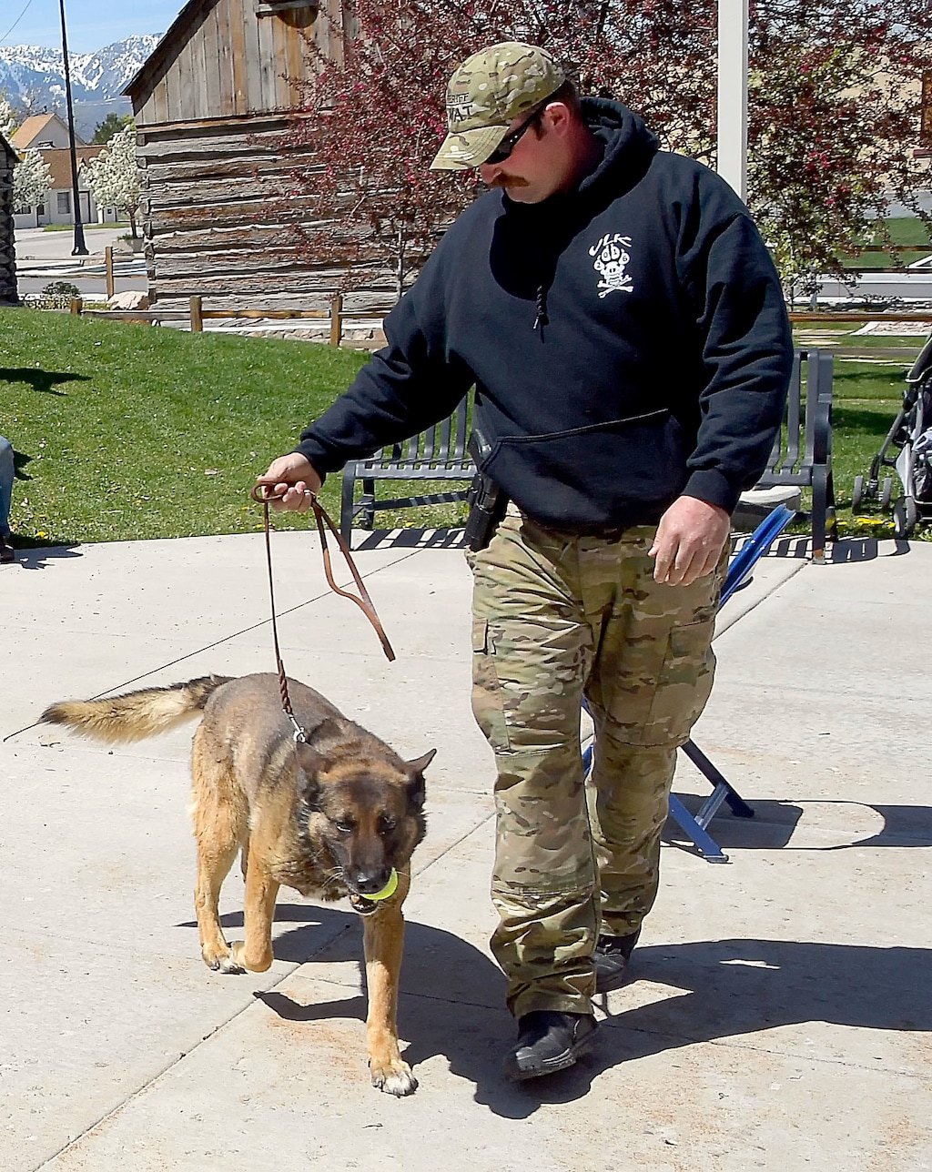 Jason Whittier walks K-9 dog Endy back to the vehicle after showing him to kids at in Hyrum, Utah in this May 2017 photo. A Utah sheriff's deputy was charged with aggravated animal cruelty after his police dog died in a hot patrol truck. The dog named Endy died after Whittier "inexplicably" left him secured in the truck after their shift ended at about noon on July 3, Cache County prosecutors said in court documents. (Eli Lucero/The Herald Journal via AP)
