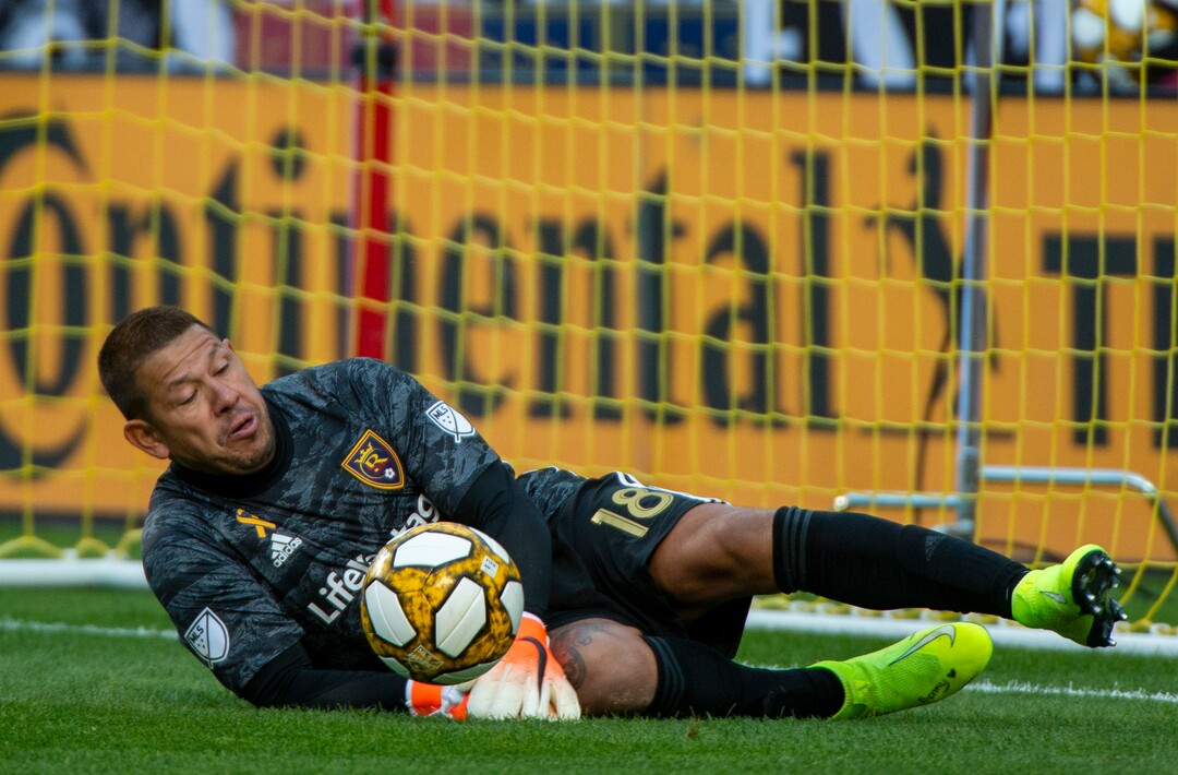 (Rick Egan  |  The Salt Lake Tribune)      Real Salt Lake goalkeeper Nick Rimando (18) saves the ball, in MLS action at Rio Tinto Stadium, Sunday, Sept. 29, 2019.