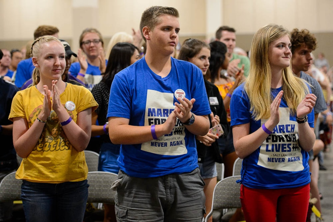 (Trent Nelson | The Salt Lake Tribune)  Student activists involved with the March for Our Lives movement are applauded at a town hall at the Mountain America Expo Center in Sandy, Saturday July 14, 2018.