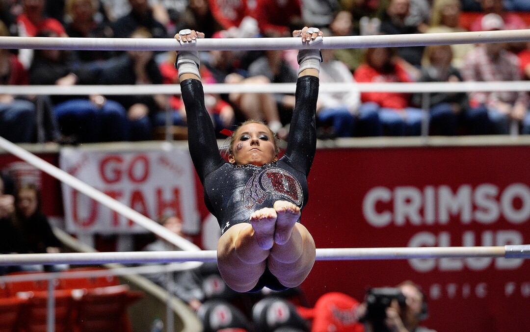Scott Sommerdorf | The Salt Lake TribuneUtah's MyKayla Skinner during her uneven parallel bars routine, scoring 9.750. Utah outscored Stanford 197.500 to 196.275, Friday, March 3, 2017. 