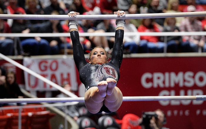 Scott Sommerdorf | The Salt Lake Tribune
Utah's MyKayla Skinner during her uneven parallel bars routine, scoring 9.750. Utah outscored Stanford 197.500 to 196.275, Friday, March 3, 2017. 