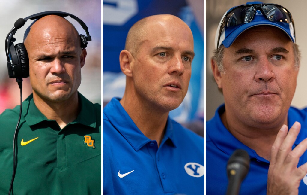 (AP/The Salt Lake Tribune) From left, Baylor head coach Dave Aranda, BYU assistant coaches Ed Lamb and Kevin Clune.