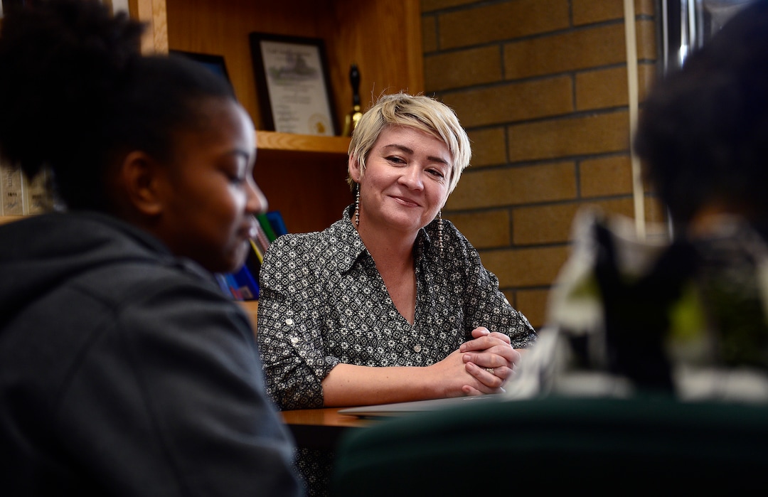 Scott Sommerdorf | The Salt Lake TribuneJackson Elementary principal Jana Edward, center, smiles, as sixth grader Kiana Phillips, left, answers a question about why the name change is important to her, Wednesday, February, 7, 2018.  The school is planning to change it's name to Mary Jackson Elementary after being named for Andrew Jackson.
