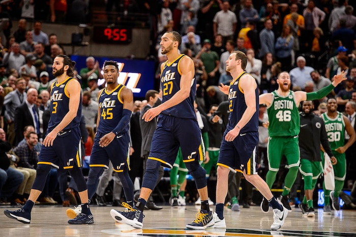 (Trent Nelson | The Salt Lake Tribune)  
Utah Jazz vs. Boston Celtics, NBA basketball in Salt Lake City, Wednesday March 28, 2018. Utah Jazz guard Ricky Rubio (3), Utah Jazz guard Donovan Mitchell (45), Utah Jazz center Rudy Gobert (27) and Utah Jazz forward Joe Ingles (2) walk off the court, behind with .3 seconds remaining.